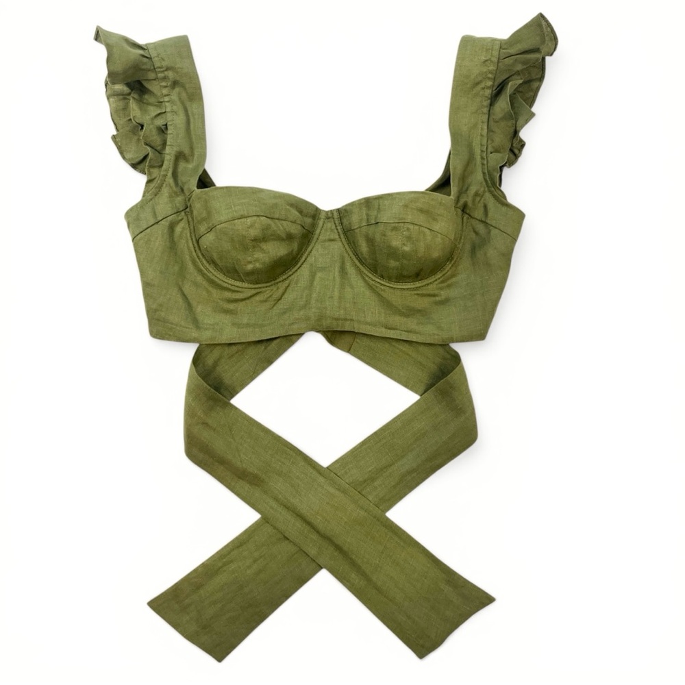 Isa Boulder Green Linen Sleeveless Ruffle Wrap Bustier Tie Waist Crop Top small
